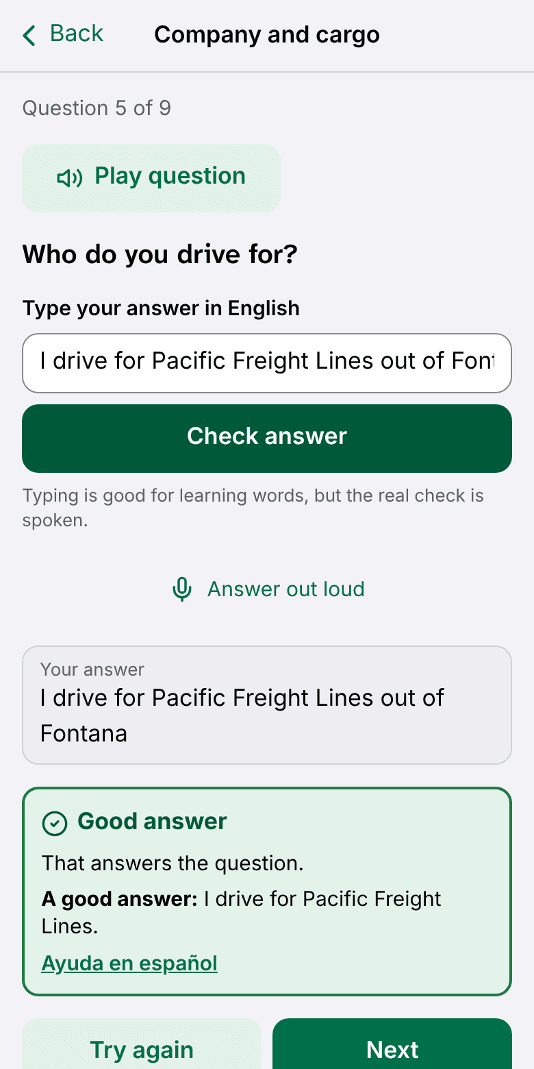 A spoken English answer about cargo, graded with a model answer