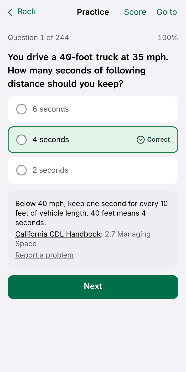 A practice question with the right answer, the explanation and its handbook section